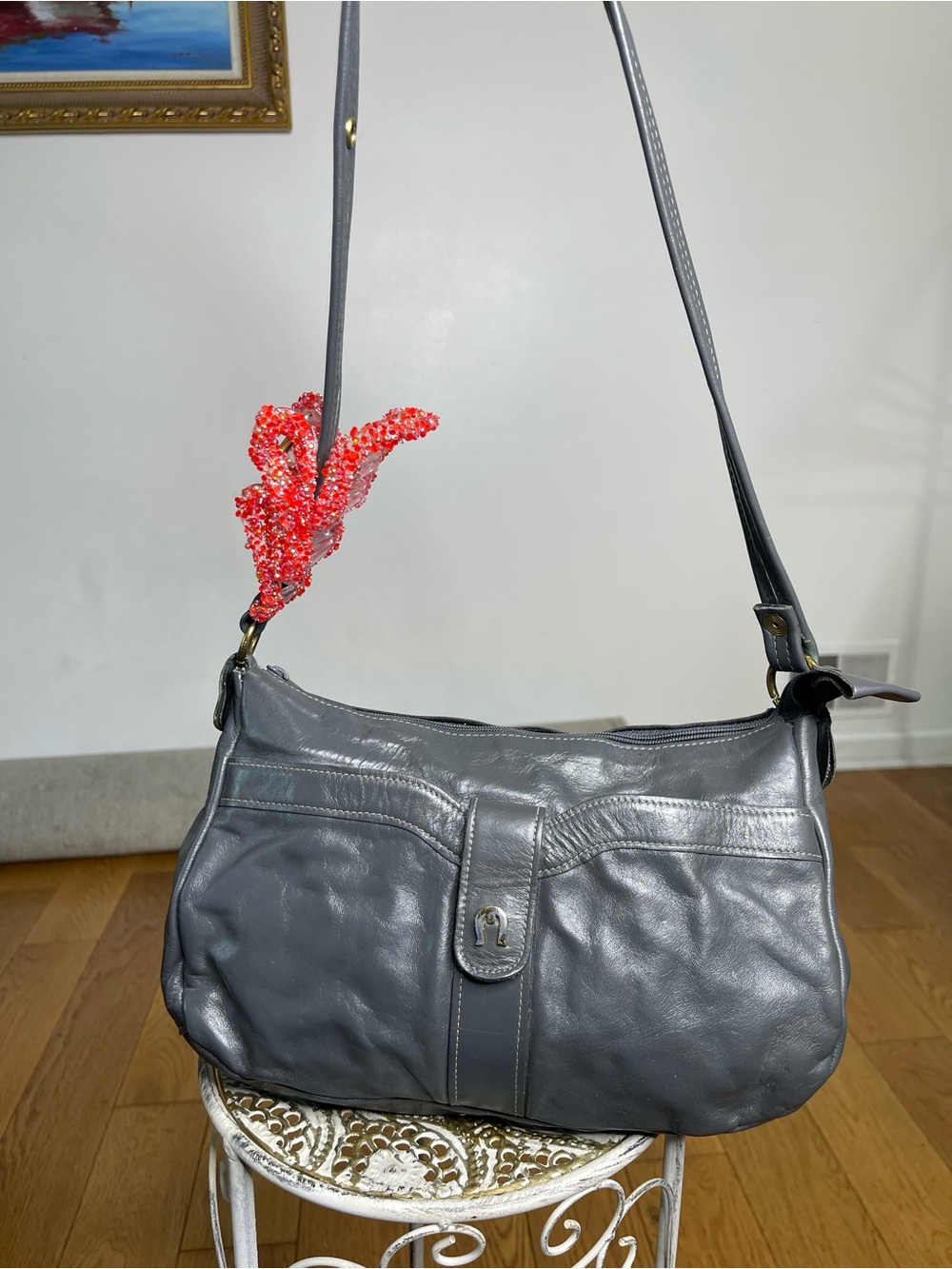 Vintage Gray Leather Shoulder Bag - Women's Classic Carryall